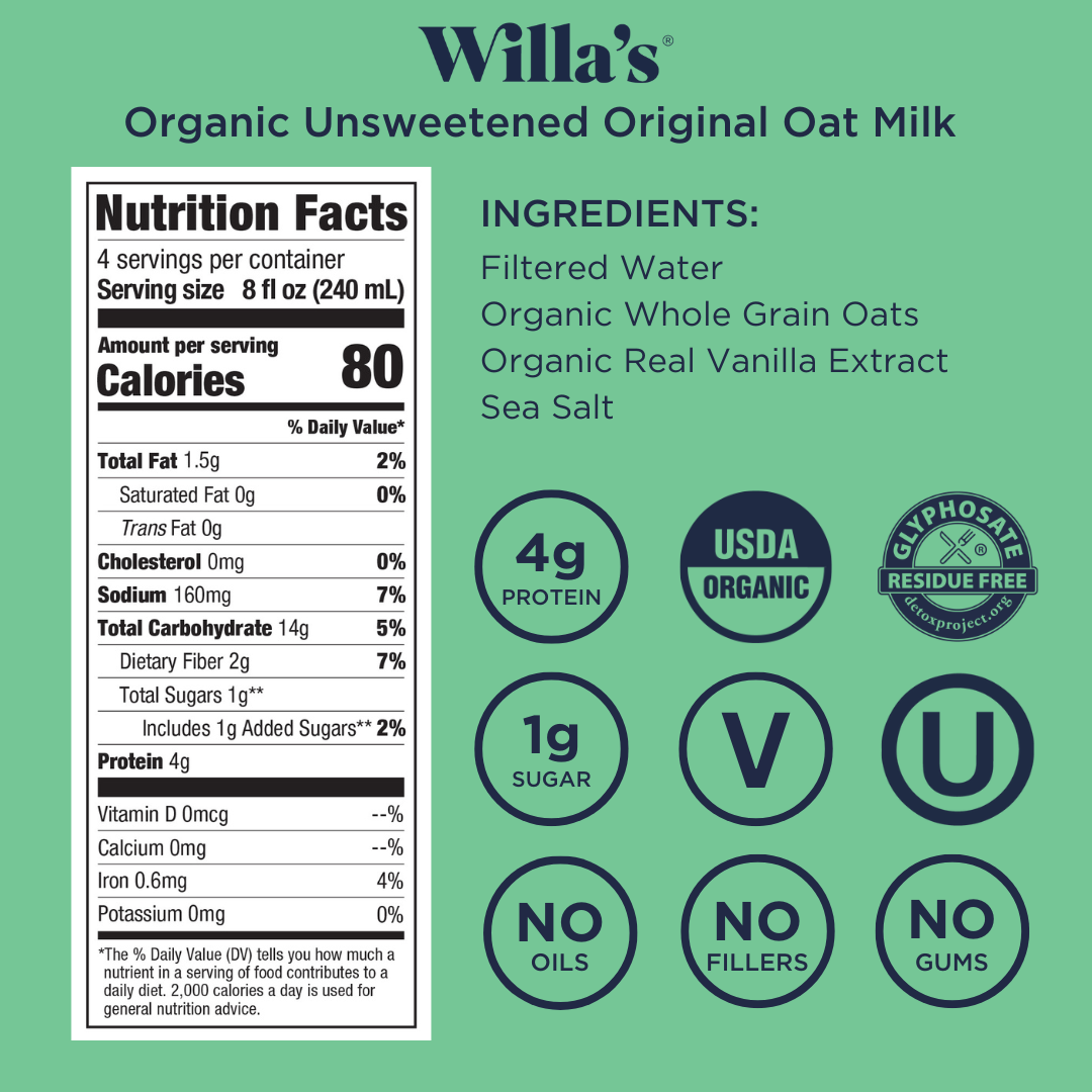 Willa's Organic Oat Milk - Wholesale Non-Dairy Milk - Willa's Organic Unsweetened Original Oat Milk3