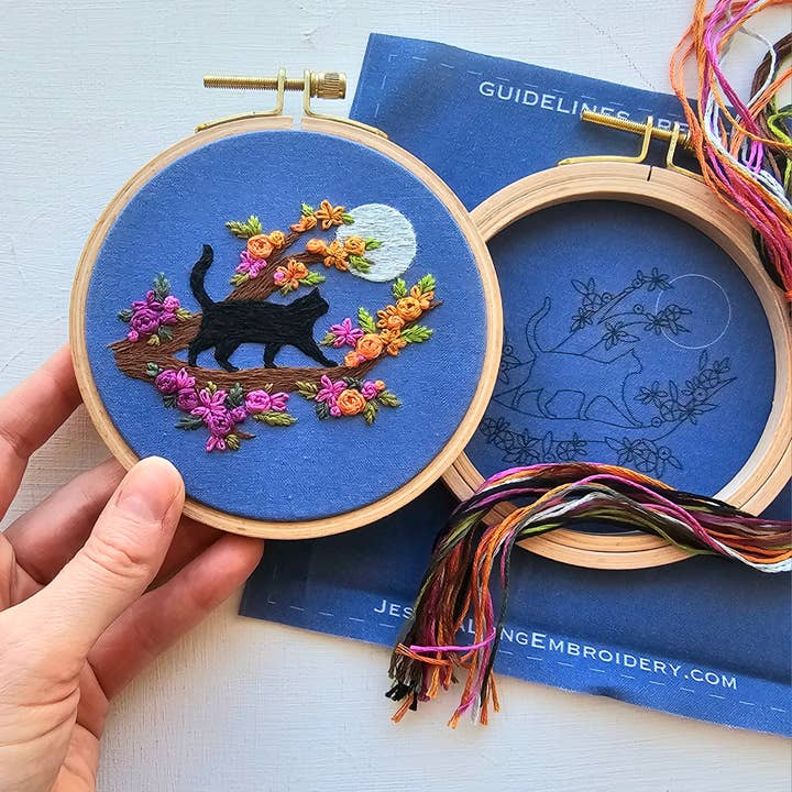 Jessica Long Embroidery - Wholesale Embroidery/Cross Stitch Supplies - Mini Black Cat & Full Moon Embroidery Kit