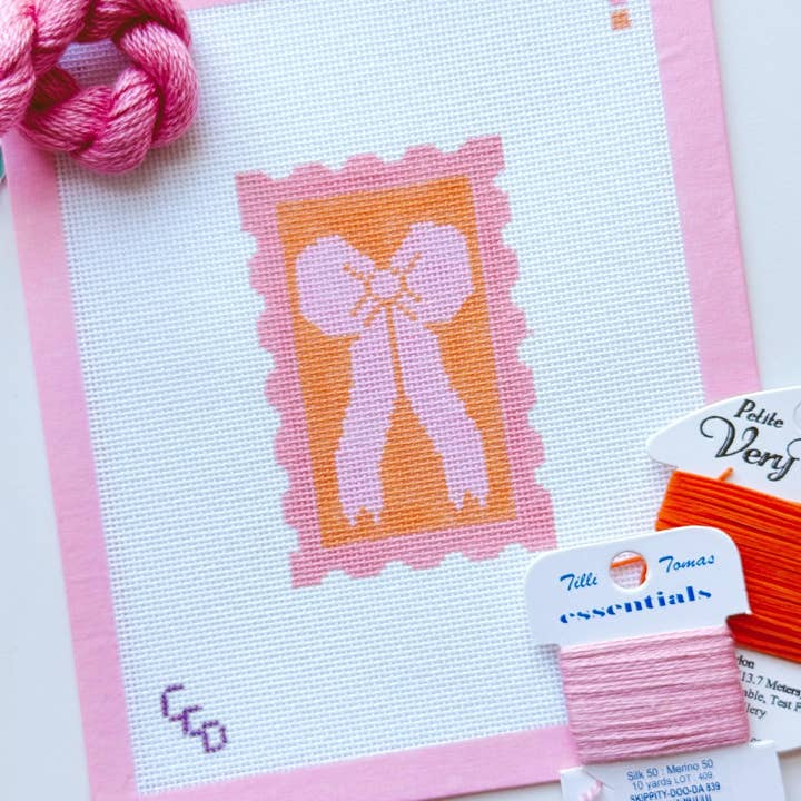 Cotswold Co Designs - Wholesale Embroidery/Cross Stitch Supplies - Pink Bow Needlepoint Canvas, 18 Mesh 2”x4” Design, Coquette Stamp Needlepoint Canvas, Bow Stamp Needlepoint Canvas1