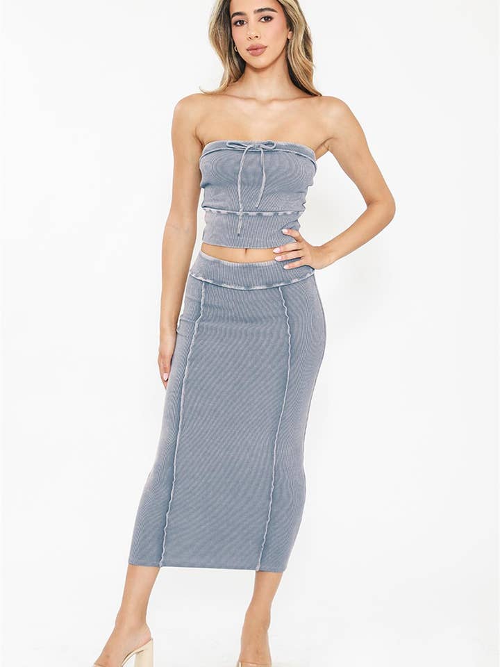 TOP SEM ALÇA LAVADO COM MINERAIS E SAIAS MIDI ST3795 por atacado de LA LUXE