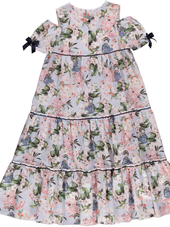 PS23S003016/A-Long blue dress with Japanese floral pattern for wholesale by Piccola Speranza