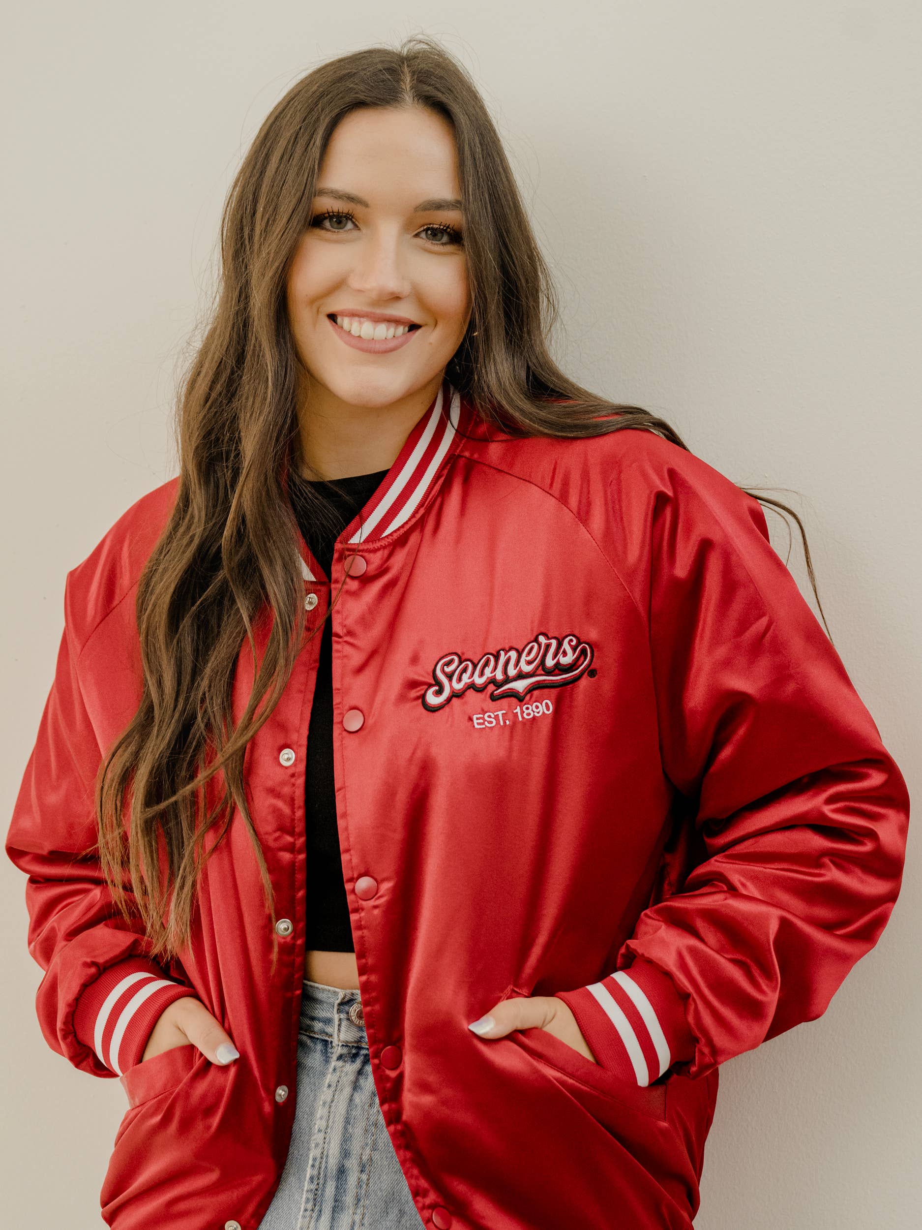 LivyLu - Wholesale Varsity/Baseball Jacket - Women's - OU Sooners Embroidered Satin Jacket1