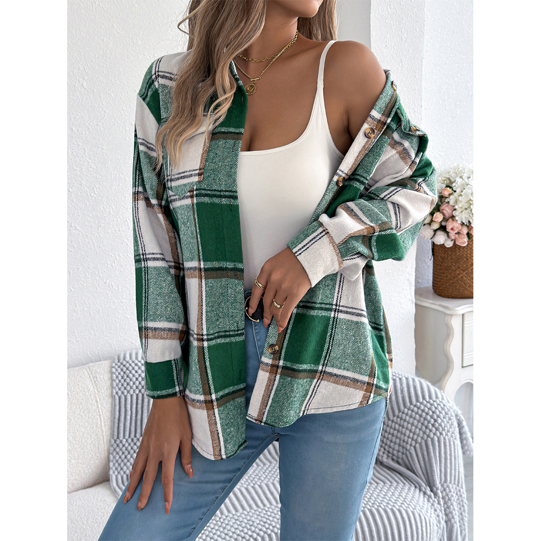 UNISHE – wholesale Jacket – Women's – Fall Plaid Faux Pocket Long Sleeve Mid-Length Jacket BJS2778