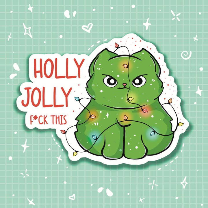 Autocollant en vinyle Grumpy Green Christmas Tree Kitty pour la vente par Cozy Bee Creates