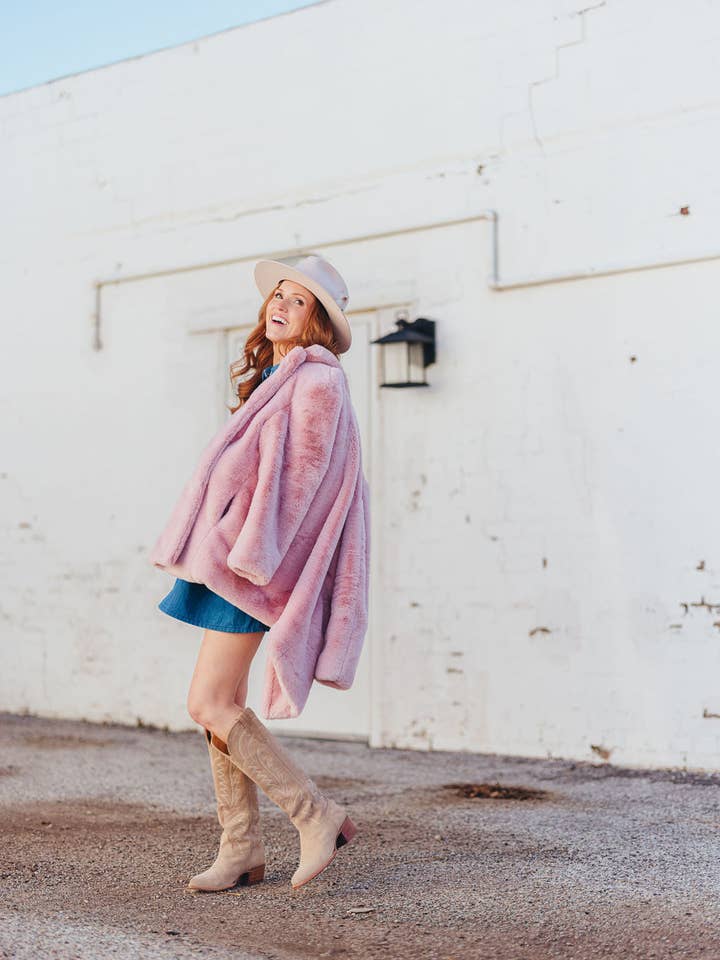 Brianna Cannon - Wholesale Fur/Faux Fur Coat - Women's - Dusty Pink Vegan Fur Coat with Floral Lining 12