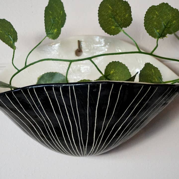 Vertical Line Wall Planter in Glazed Black & White for wholesale by Half Light Honey