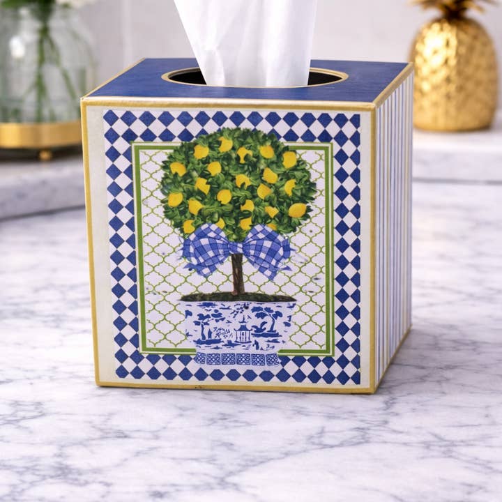Kleenexdoos met citroenen aan een boom, chinoiserie-blauw voor wholesale door TOPICS IN THE TROPICS