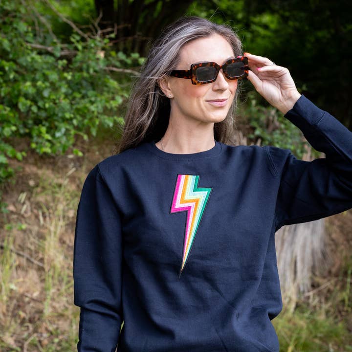 SAMPLE SALE 2026 - Embroidered Jewel Tone Bolt Sweatshirt in NAVY - EXTRA VSMALL for wholesale by Percy and Nell Retail Limited