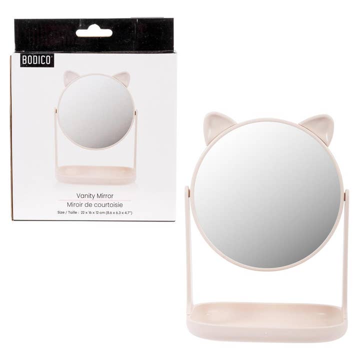 Miroir de courtoisie Bodico Kitty avec plateau rose, 16 x 12 x 22 cm pour la vente par Bodico