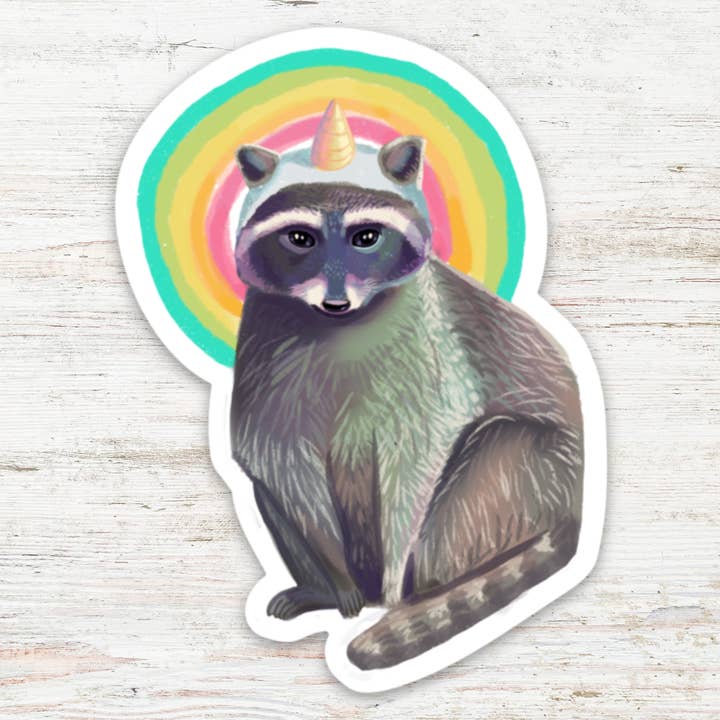 Rainbow Raccoonicorn Matte Vinyl Sticker for wholesale by Angry Gato Designs