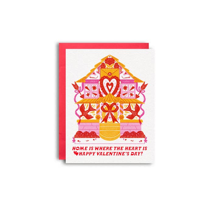 Carte de vœux Risograph Maison de vacances de la Saint-Valentin pour la vente par Pier Six Press