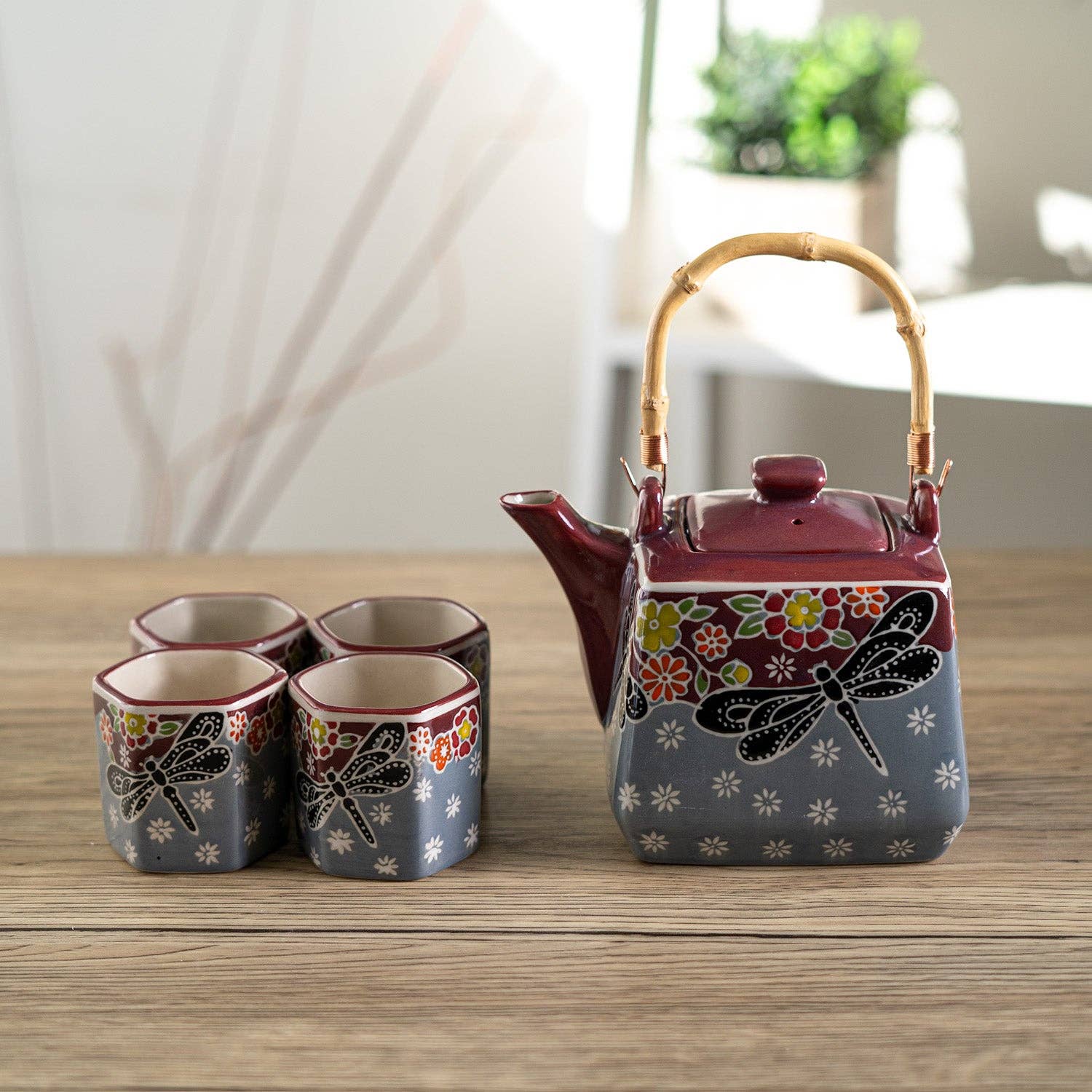 Urban Tokyo - Wholesale Tea Set - Dragonfly Tombo Design Tea Set 20oz Tea Pot with 4 Hexagon Cups (4/8)1