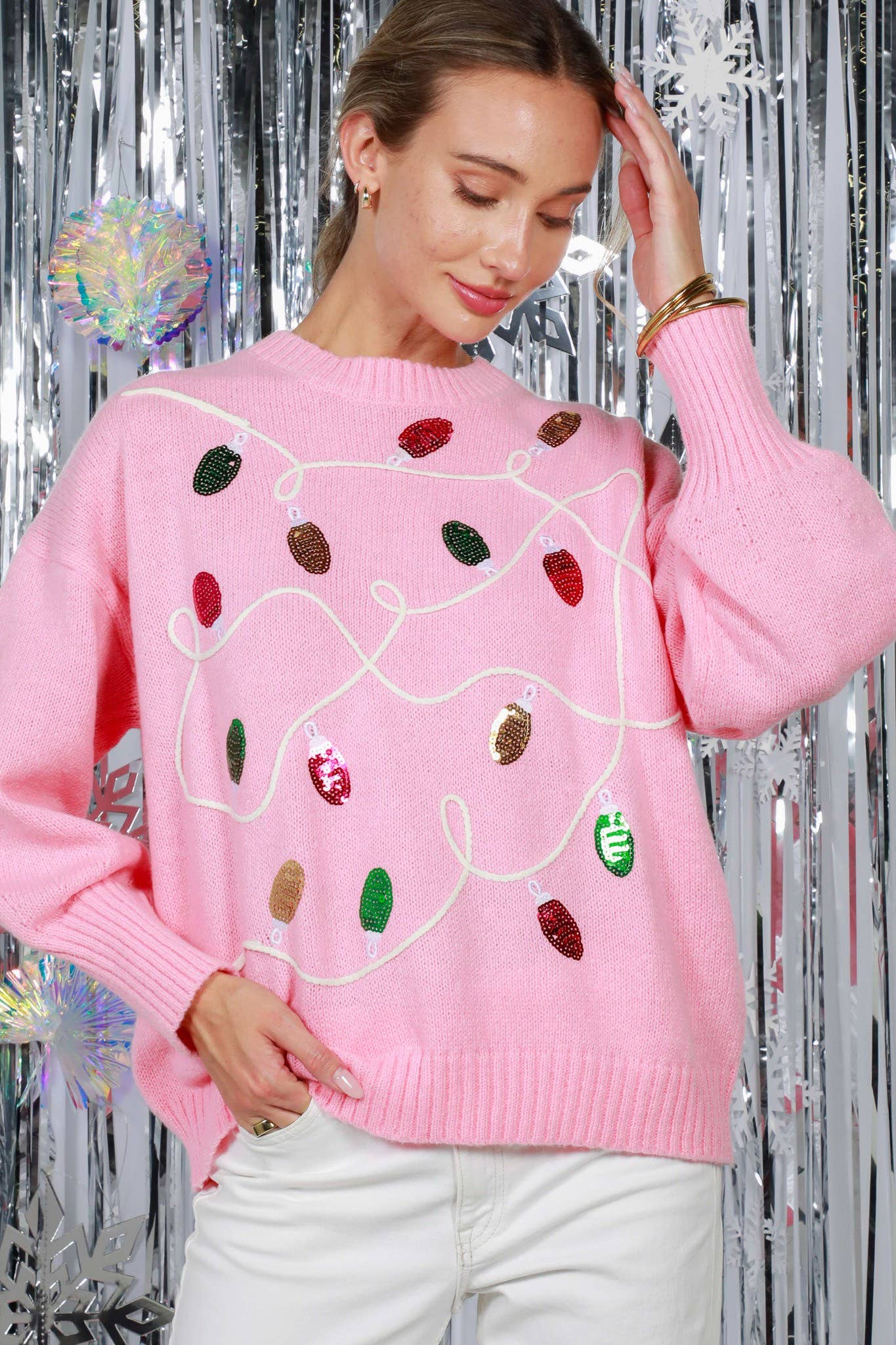Vine & Love - Wholesale Knit Sweater - Women's - Colorful Christmas-Light Embellishment Cozy Sweater VT8225928