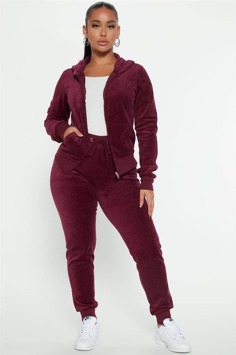 BJ's Closets - Wholesale Lounge Set - Women's - VELOUR ZIP UP HOODIES AND JOGGER PANTS SET-BURGUNDY0