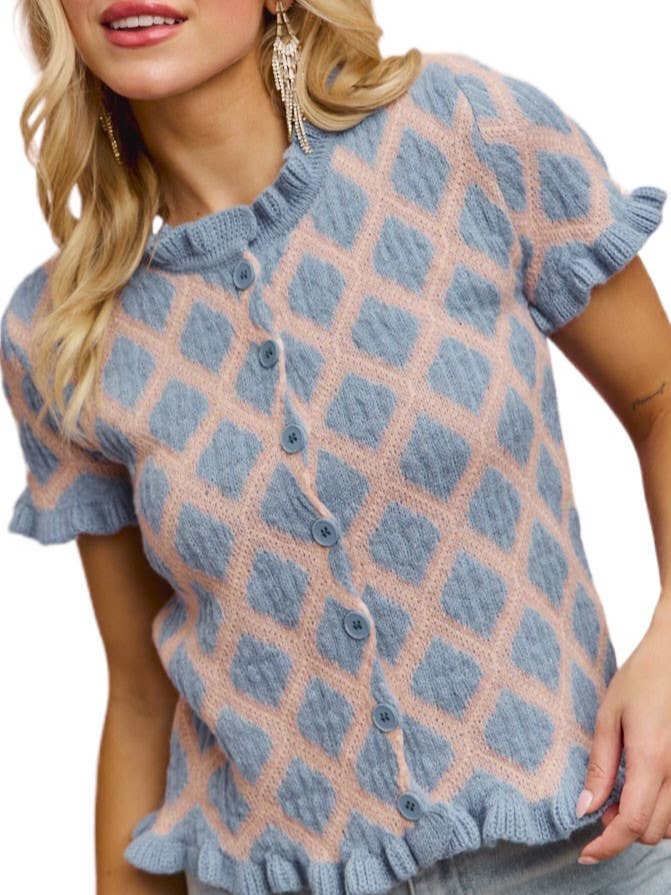 2 Tone Diamond Design Weave Ruffl Sweater Cardigan for wholesale by Vanilla Monkey