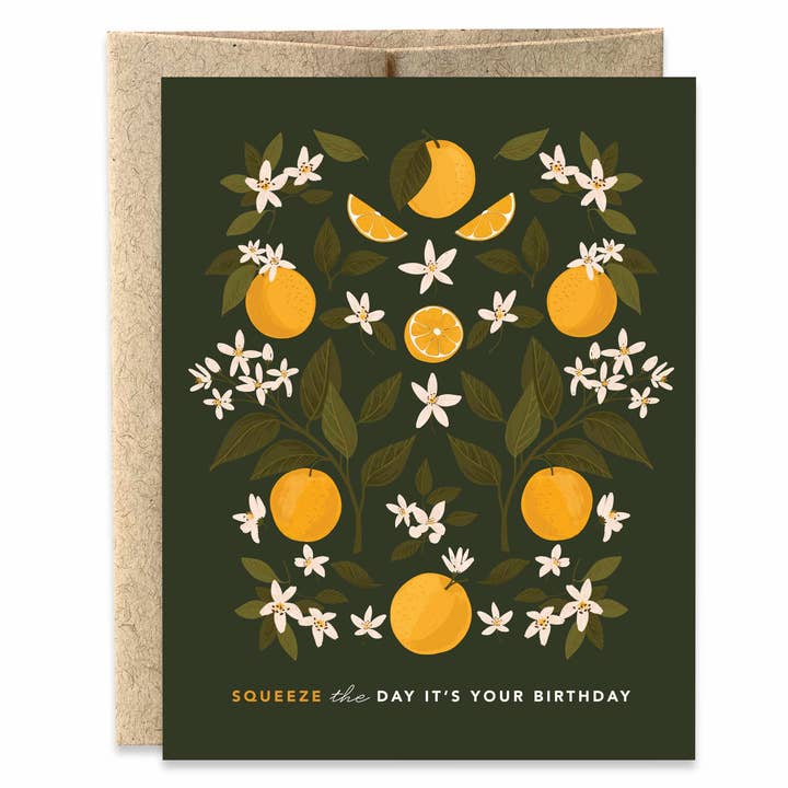 Squeeze the Day it's your Birthday Orange Greeting Card for wholesale by Paper Farm Press