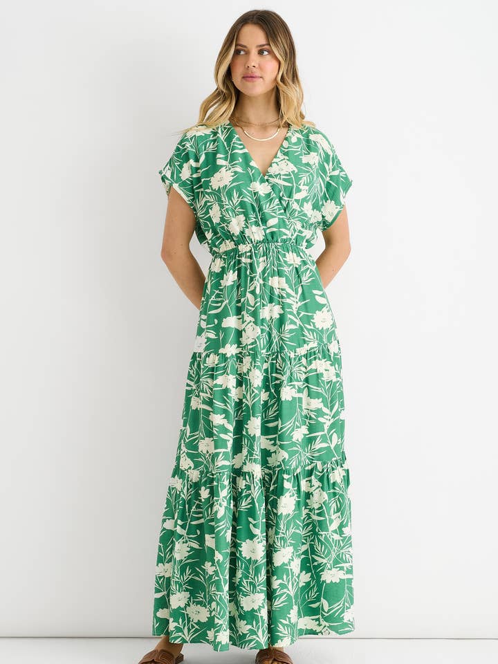 Green Floral Elastic Waist Maxi Dress for wholesale by GINI LONDON