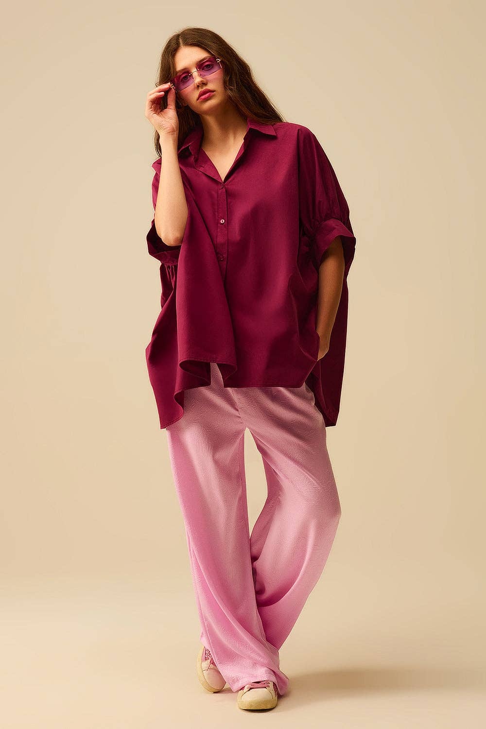 RED Burgundy Oversized Blouse with Short Sleeve for wholesale on Faire1