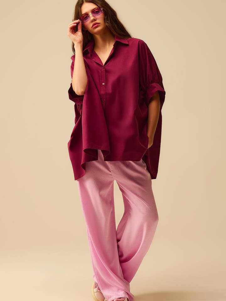 RED Burgundy Oversized Blouse with Short Sleeve for wholesale on Faire1