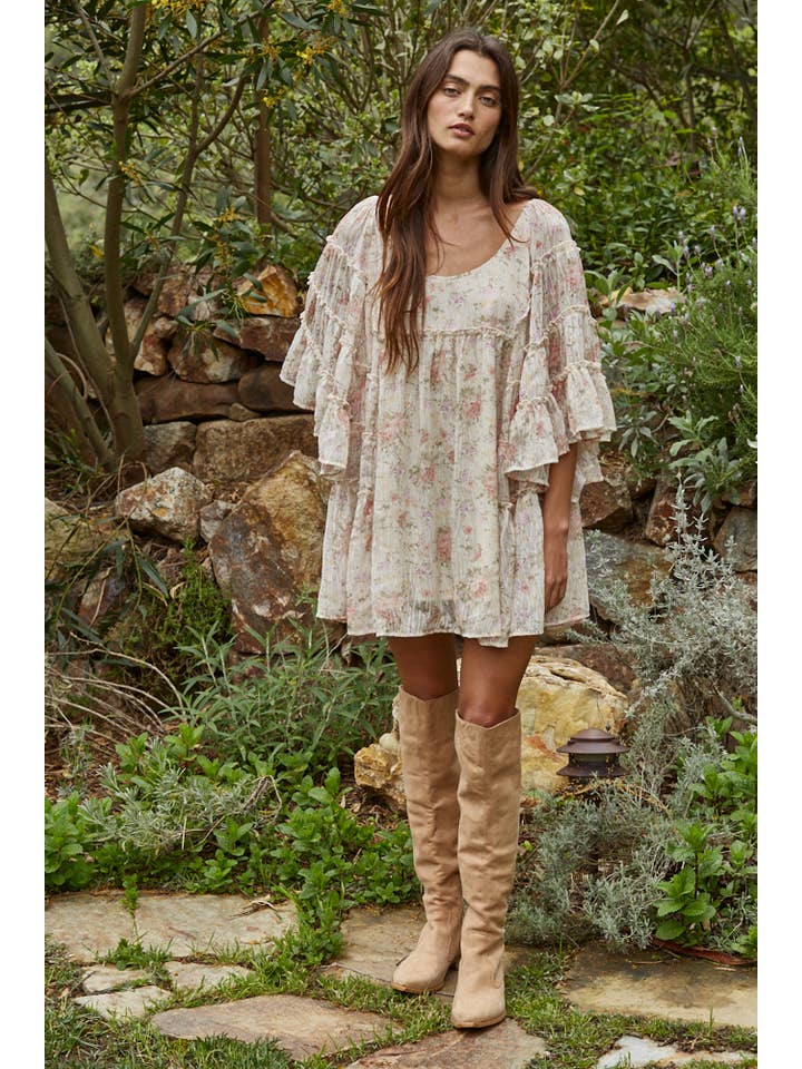 Cream Multi L8960 | Woven Polyester Chiffon Floral Flare Mini Dress for wholesale on Faire1