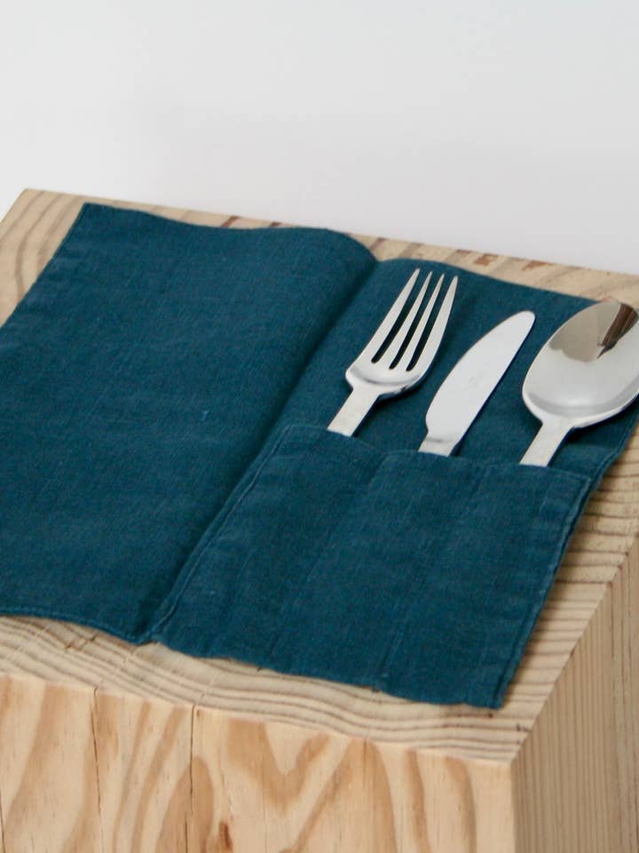 Deep Blue Cutlery Pocket 100% Linen for wholesale by JAAN STUDIO