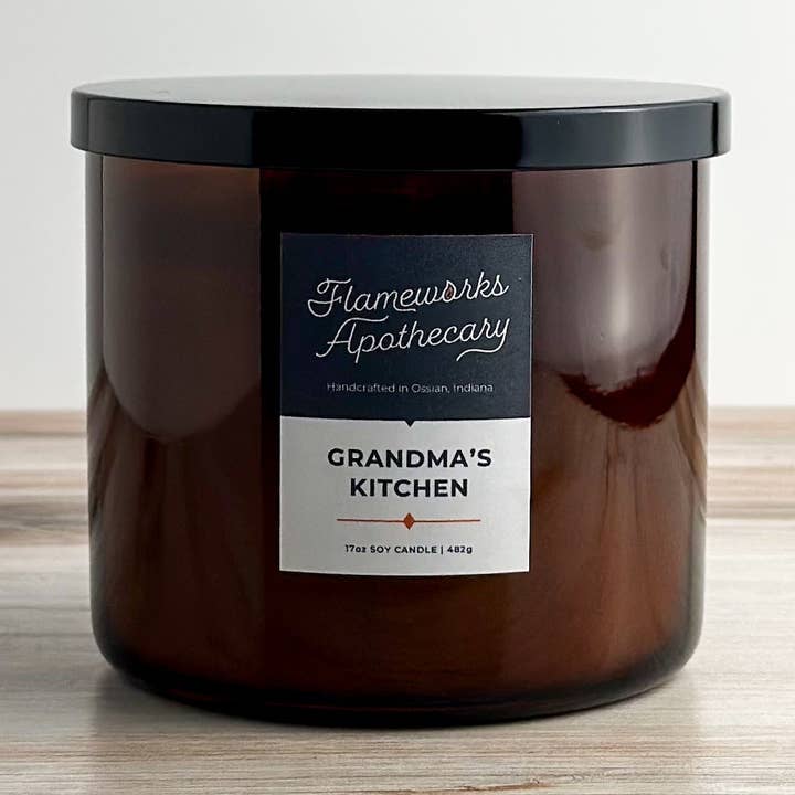 Grandma's Kitchen 17 oz Double Wick Amber Jar Candle for wholesale by Flameworks Apothecary