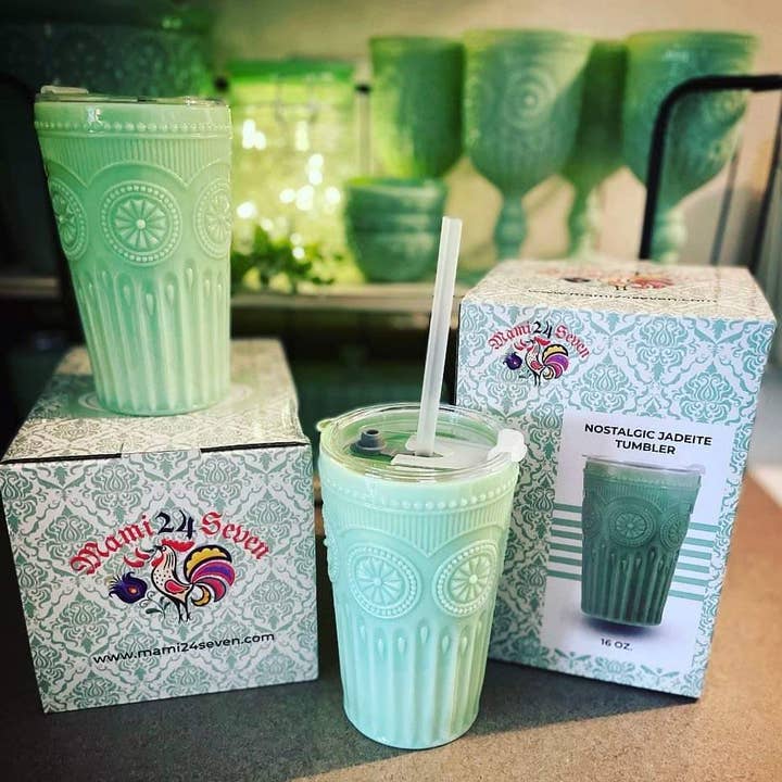 Mami24Seven - Wholesale Insulated Mug/Tumbler - Jadeite Amelie Sunflower Pattern Coffee Tumbler