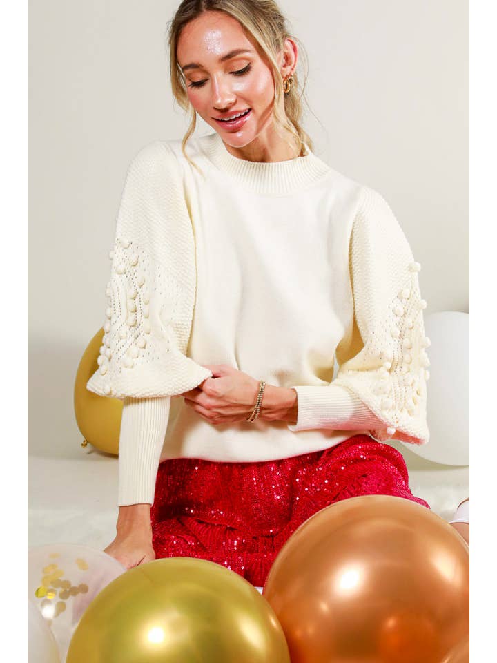Vine & Love - Wholesale Knit Sweater - Women's - Round Neck Pom Pom Balloon Long-Sleeve Knit Sweater VT70344