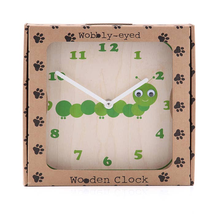 Children's Wooden Caterpillar Clock with Googly Eyes for wholesale by Stripey Cats Cards