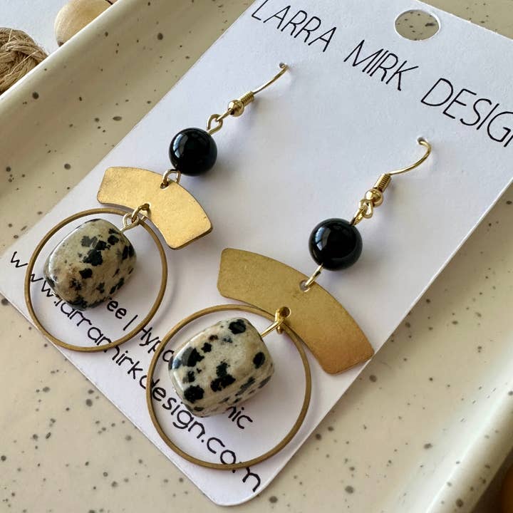 Onyx & Dalmatian Jasper Earrings for wholesale by Larra Mirk Design