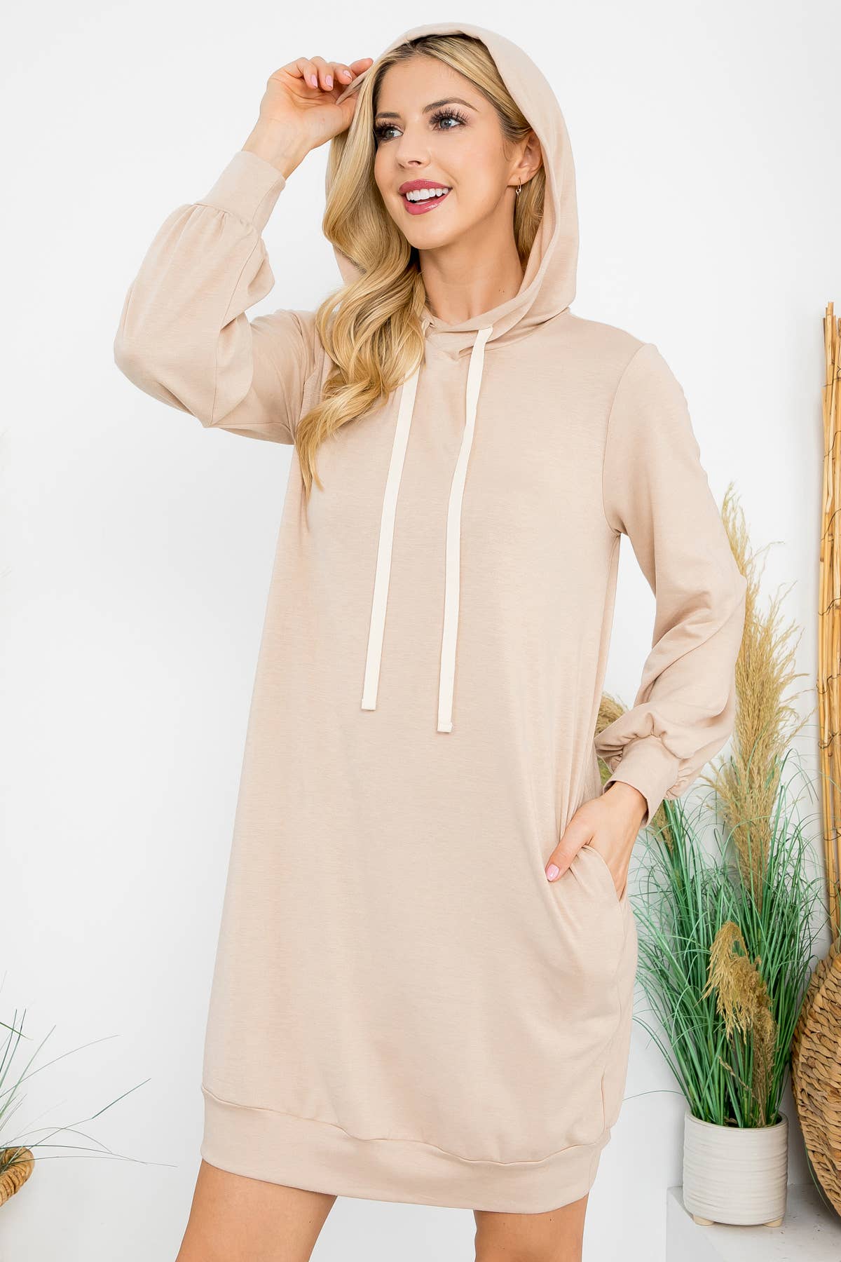 You & Me - Wholesale Dress - Women's - YMD10061V-FRENCH TERRY LONG PUFF SLEEVE HOODIE DRESS18
