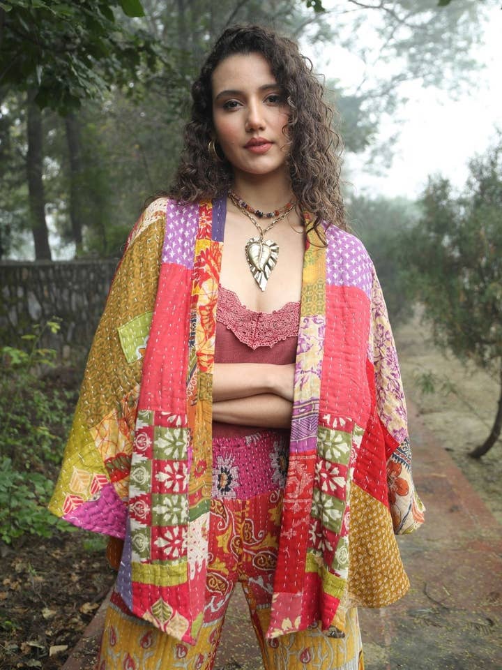 PATCH GRN GLD Bohemian Patchwork Kantha Kimono for wholesale on Faire3