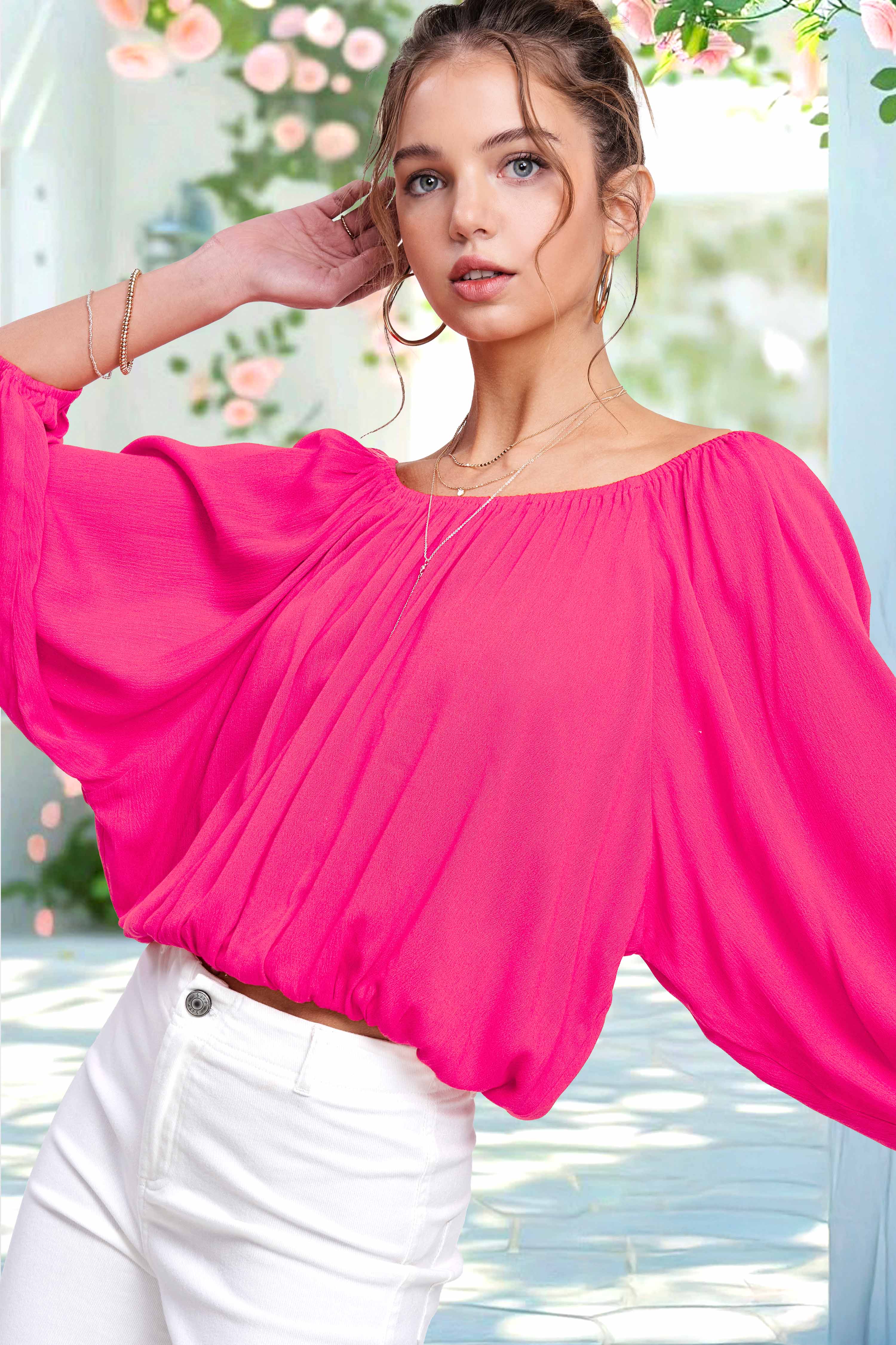 La Miel – Engroshandel Bluse - Dame – HAT7501-Åndbar top med ballonærmer uden skulder7