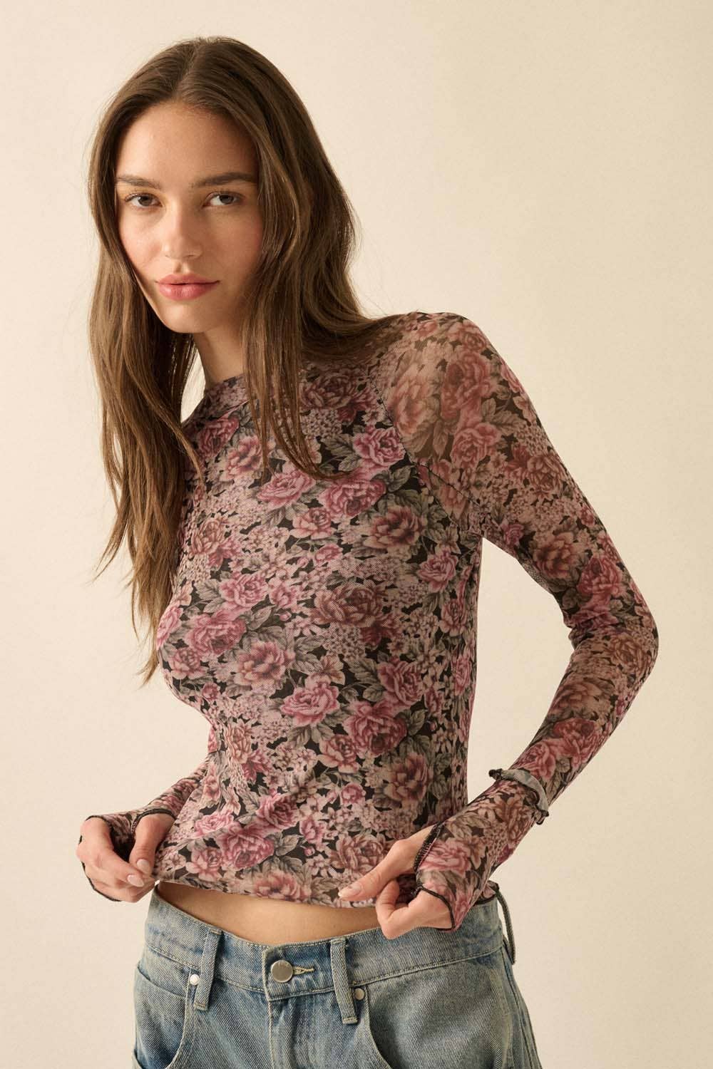 Promesa USA - Wholesale Knit Top - Women's - Floral-Print Mesh Thumbhole Mock-Neck Top16