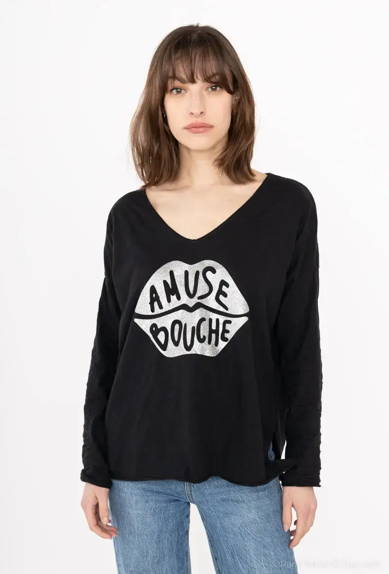 Mimi & Gogo - Vendita all'ingrosso Maglietta serigrafata - Donna - T-shirt con bocca verde « amuse bouche »0