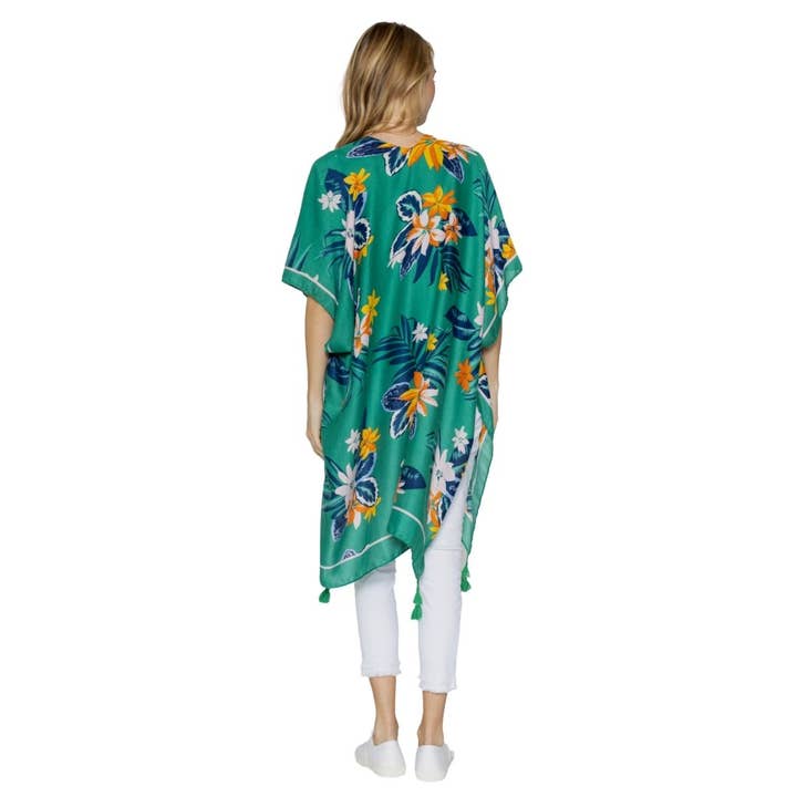 PinktownUSA - Wholesale Kimono - Women's - Green Tropical Floral Tassel Kimono