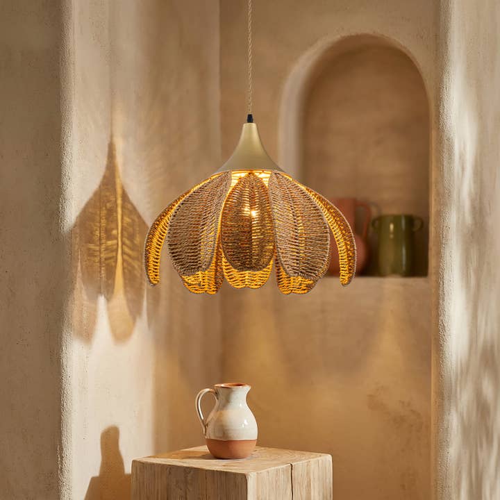 Kamala 1-Light Rattan Hemp Floral Pendant, Modern Coastal Boho - Handwoven for wholesale by ELE Light & Decor