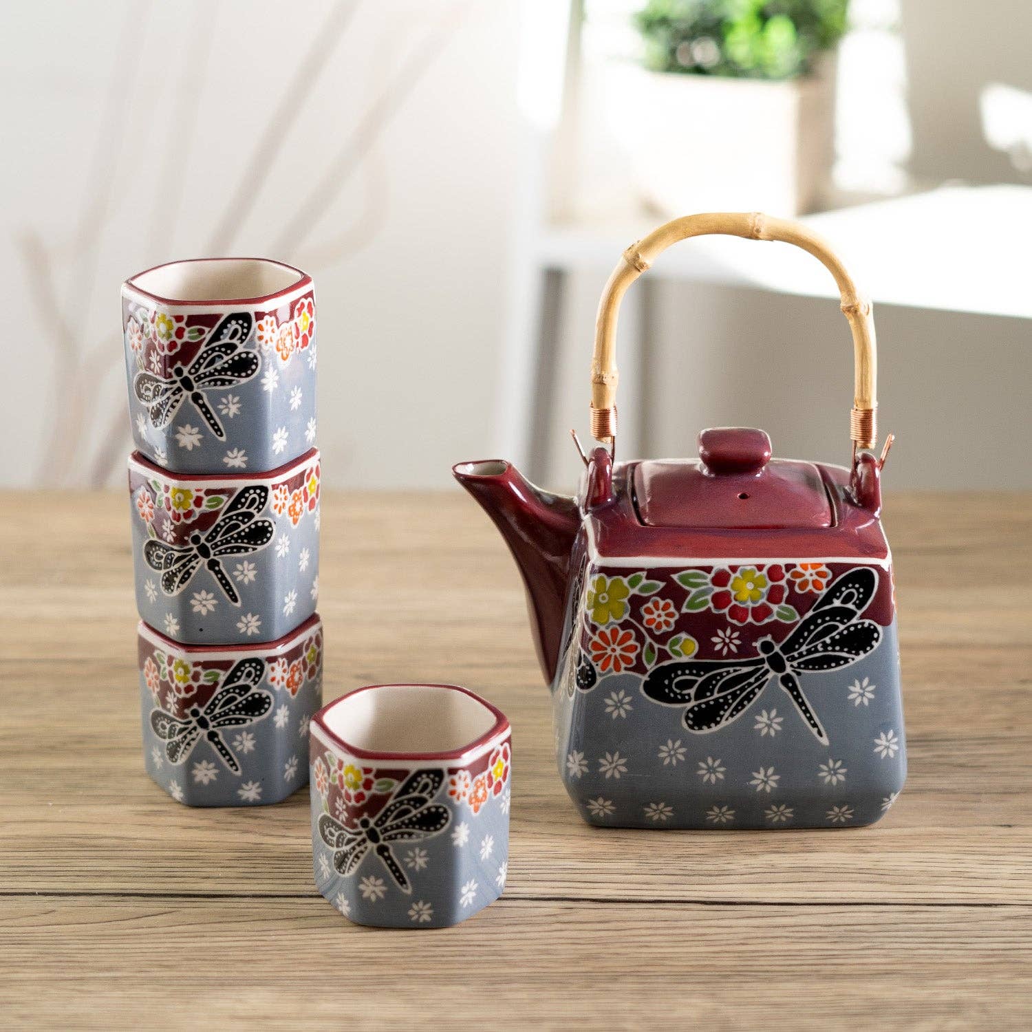 Urban Tokyo - Wholesale Tea Set - Dragonfly Tombo Design Tea Set 20oz Tea Pot with 4 Hexagon Cups (4/8)4