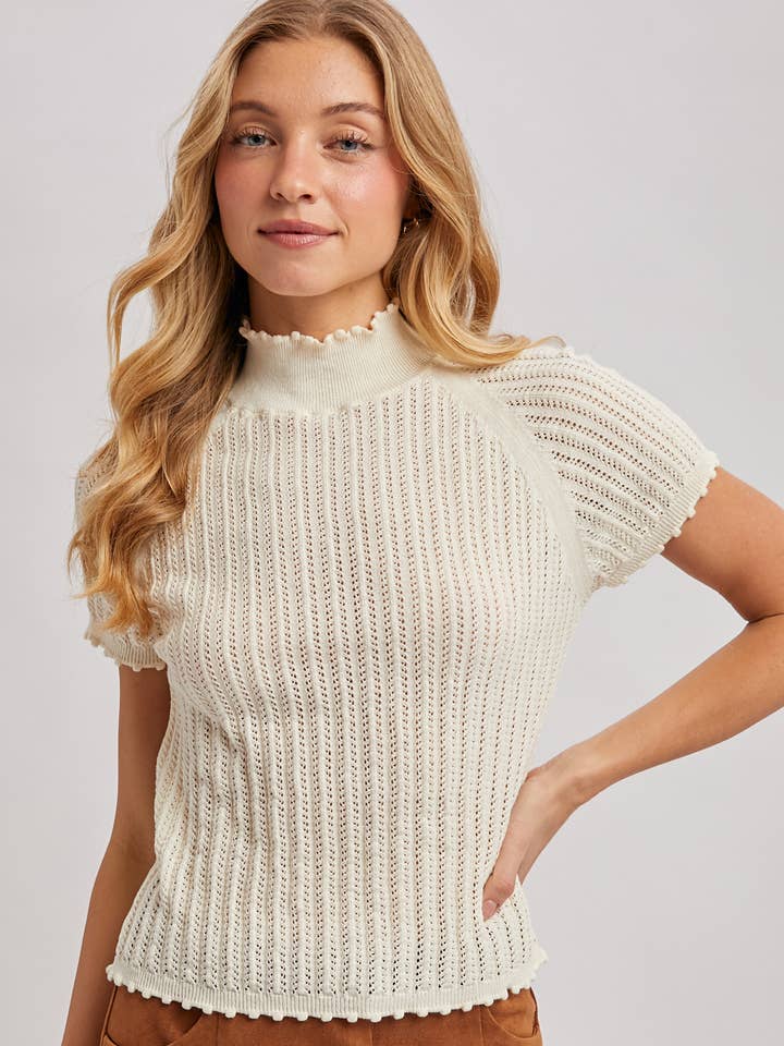 OPEN-KNIT MOCK NECK POINTELLE RUFFLE EDGE SWEATER TEE TOP for wholesale by Bluivy