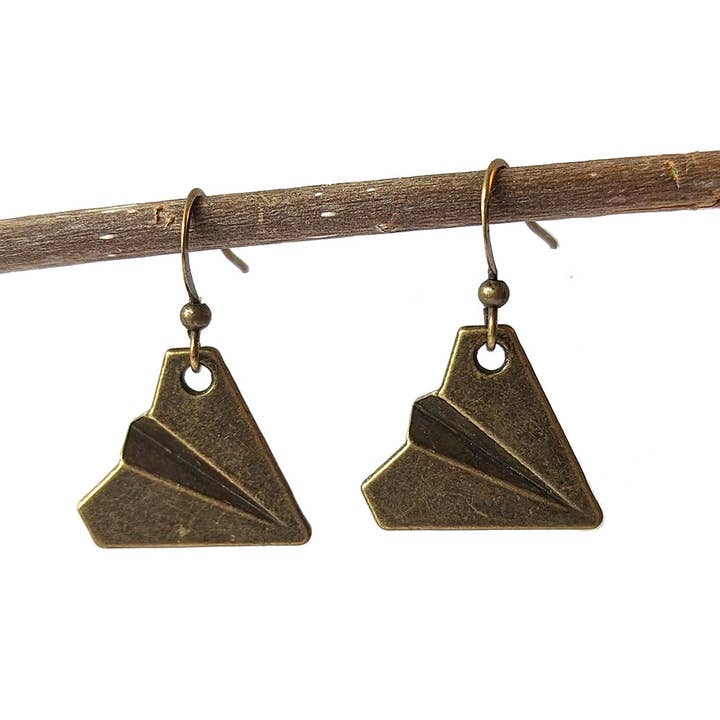 Stylish Jewelry Supply - Vendita all'ingrosso Orecchini pendenti - Orecchini a forma di aeroplano in bronzo antico in carta origami