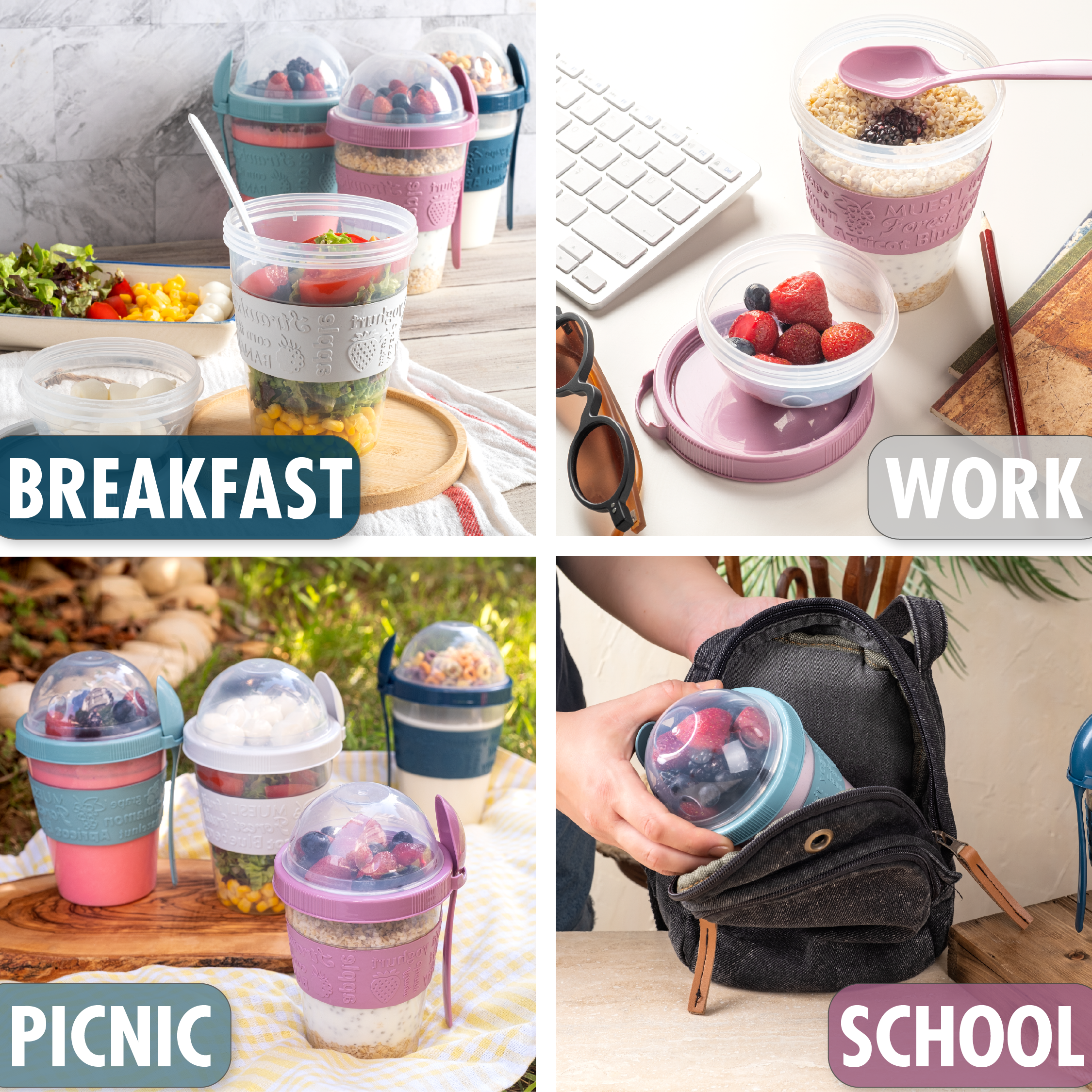 Hakan – wholesale Matlåda – Parfaitbägare med lock och sked, återanvändbara bägare, 4-pack, 20 oz3