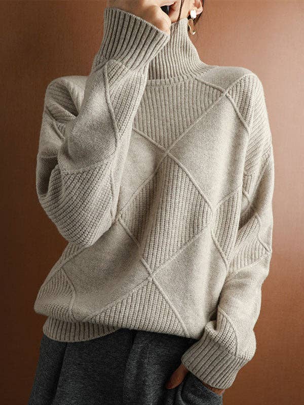 ShieldChic - Wholesale Knit Sweater - Women's - Loose Jacquard Solid Color High-Neck Sweater Tops1