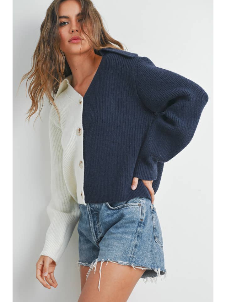 IVORY NAVY Two Tone V-Neck Cardigan - BMW7390 for wholesale on Faire8