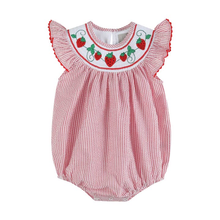 Red Seersucker Strawberry Smocked Romper for wholesale by Lil Cactus