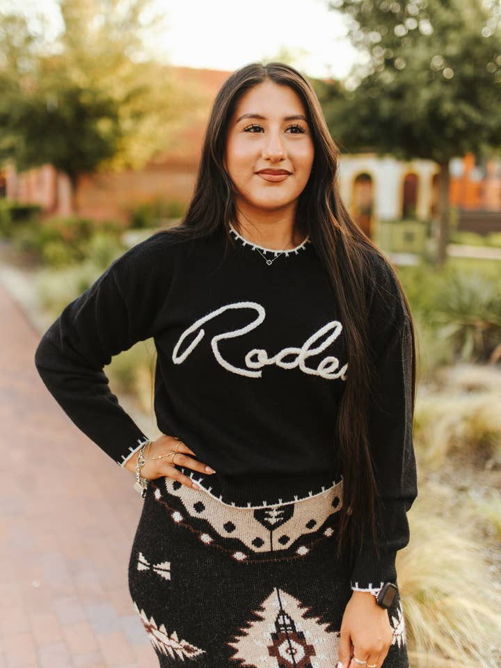 LUCKY & BLESSED - Wholesale Knit Sweater - Women's - Black Knit  Rodeo Contrast Stitching Long Sleeve Sweater0