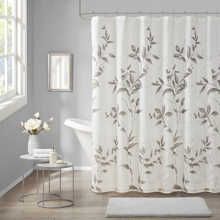 Devore Botanical Shower Curtain with Liner, Grey for wholesale by Olliix