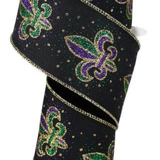 black 2.5" x 10yd Fleur De Lis mardi gras ribbon for wholesale on Faire