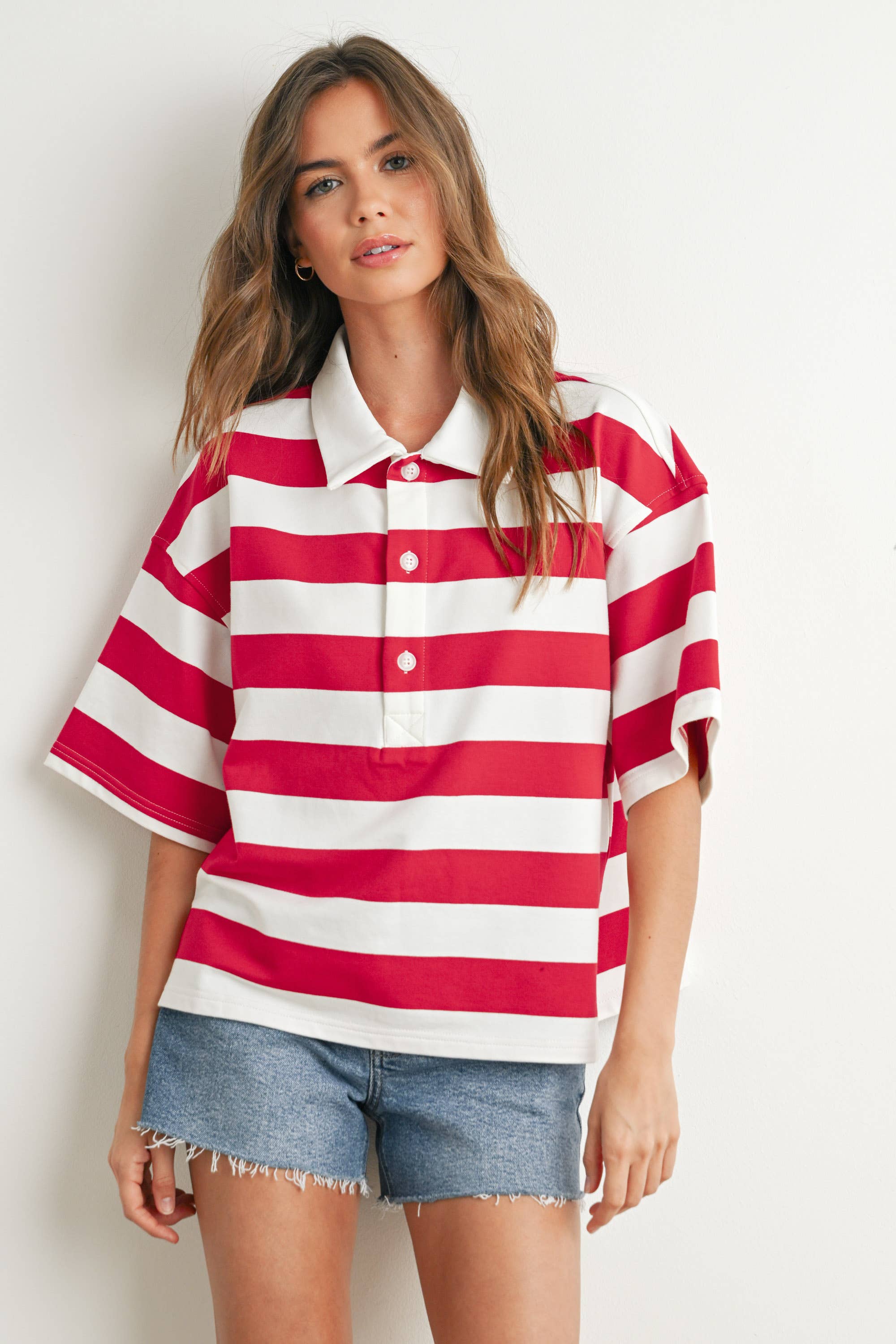 BUTTERMELON - Wholesale Polo - Women's - Striped Oversized Polo Shirt - BMT77105