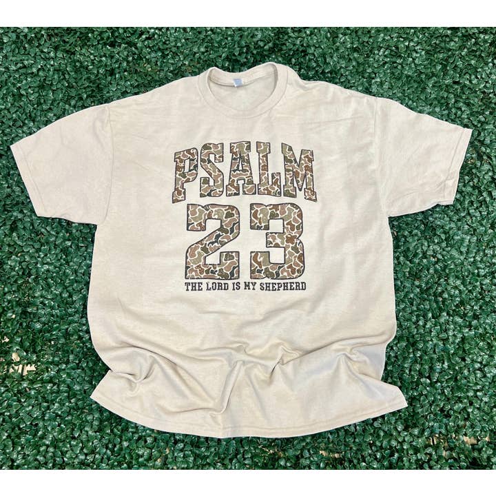 Grunge Camo Psalm 23 on Sand Tee for wholesale by RMN Wholesale