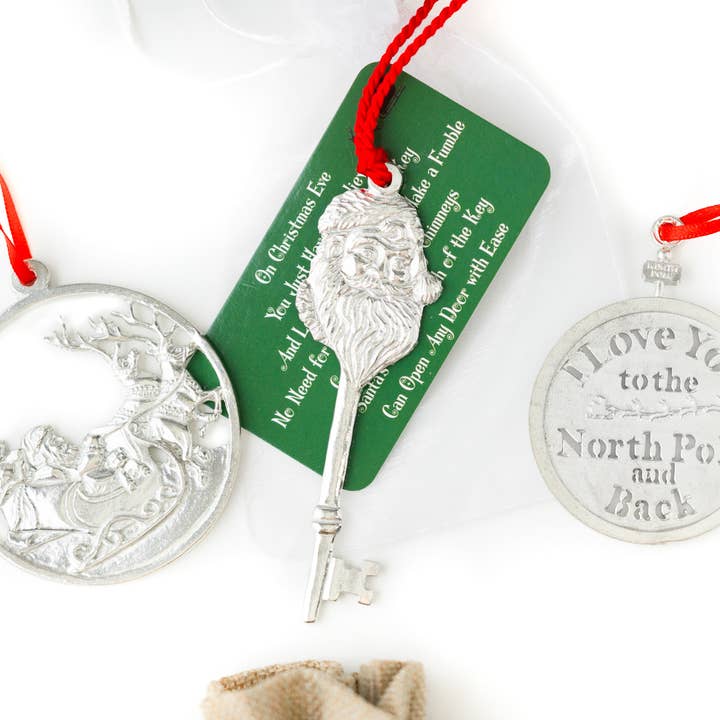 Santa Christmas Ornament - Santa in Flight, Key, North Pole for wholesale by House of Morgan Pewter
